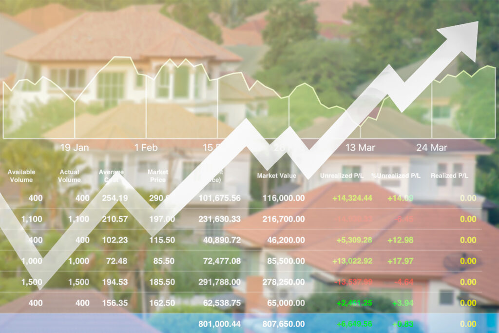 Business finance index data of real estate stock background rising up with high budget investment